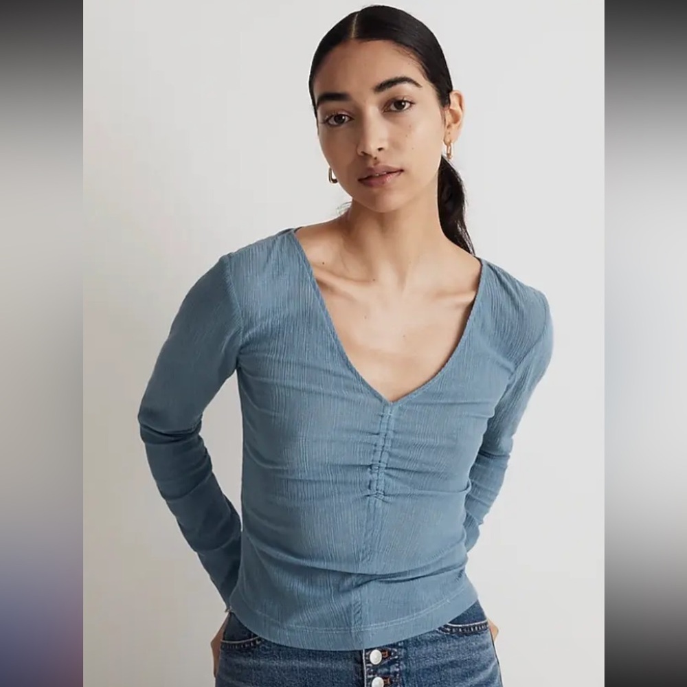 Madewell Semi-Sheer Shirred V-Neck Top